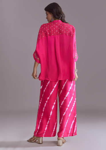 Pink Silk Co-Ord Set With Authentic Bandhani And Leheriya Print
