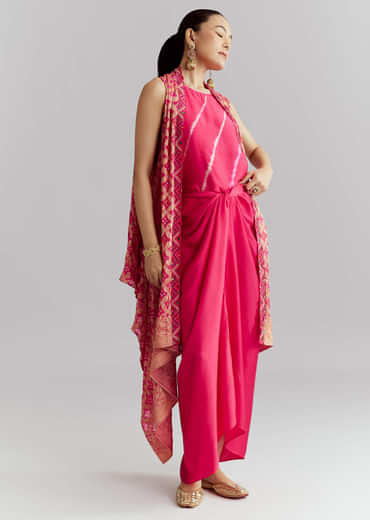 Pink Silk Crop Top And Wrap Skirt Set With Bandhani banarasi jacket