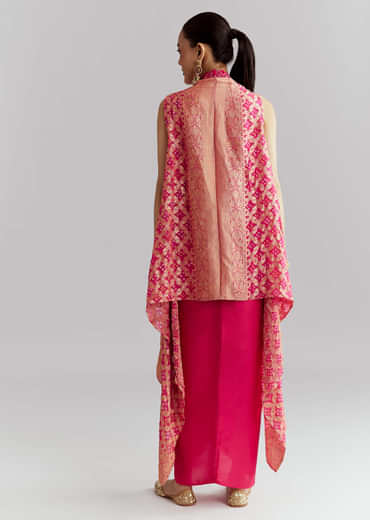 Pink Silk Crop Top And Wrap Skirt Set With Bandhani banarasi jacket