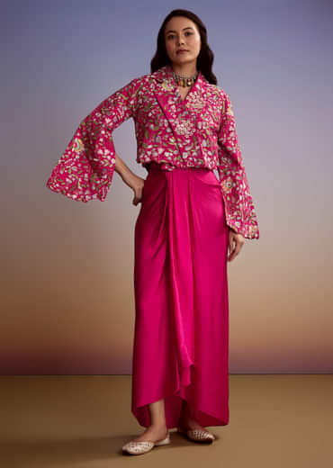 Pink Silk Crop Top Skirt With Resham Work
