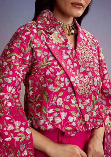 Pink Silk Crop Top Skirt With Resham Work