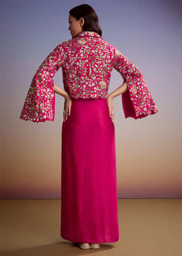 Pink Silk Crop Top Skirt With Resham Work