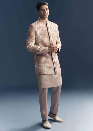 Pink Silk Indo Western Set For Men With Hand Embroidery