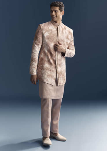 Pink Silk Indo Western Set For Men With Hand Embroidery