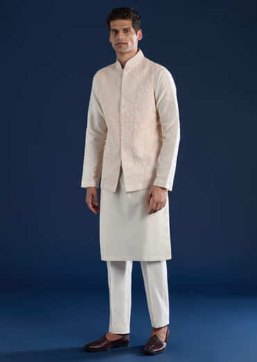 Pink Silk Jacket and Kurta Set with Dori Work