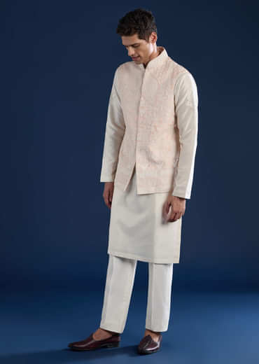 Pink Silk Jacket and Kurta Set with Dori Work