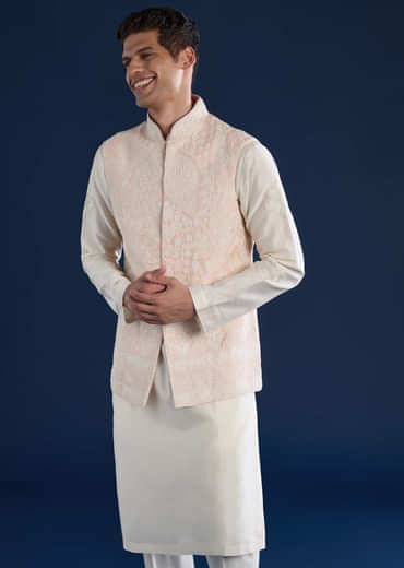 Pink Silk Jacket and Kurta Set with Dori Work