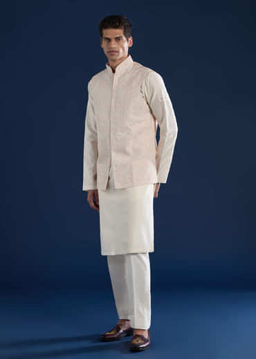 Pink Silk Jacket Kurta Set with Dori Work