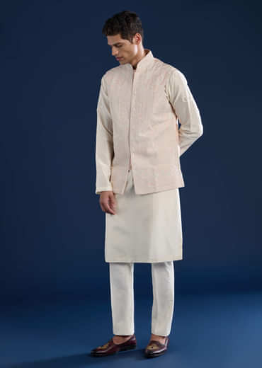 Pink Silk Jacket Kurta Set with Dori Work