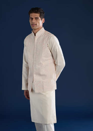 Pink Silk Jacket Kurta Set with Dori Work