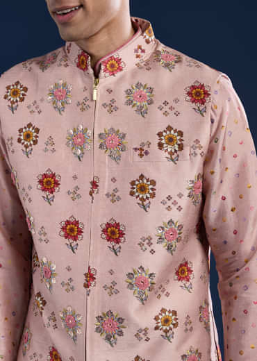 Pink Silk Jacket Kurta Set with Zari Embroidery