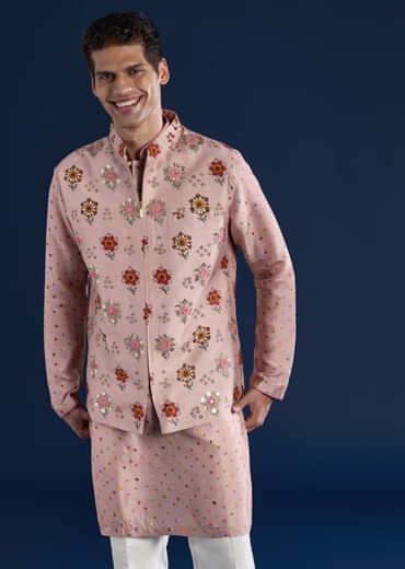 Pink Silk Jacket Kurta Set with Zari Embroidery