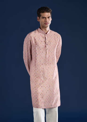 Pink Silk Jacket Kurta Set with Zari Embroidery