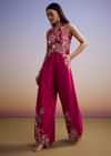 Pink Silk Jumpsuit With Embroidery And V Neckline