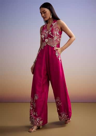 Pink Silk Jumpsuit With Embroidery And V Neckline
