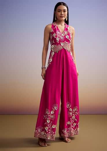 Pink Silk Jumpsuit With Embroidery And V Neckline