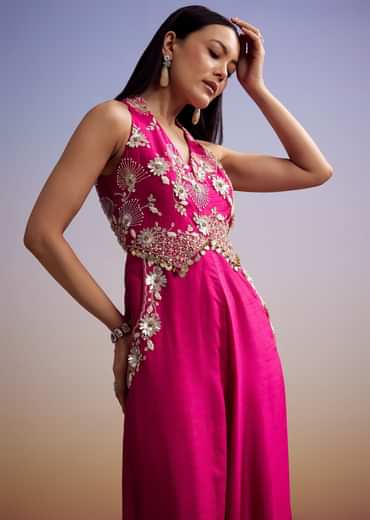 Pink Silk Jumpsuit With Embroidery And V Neckline