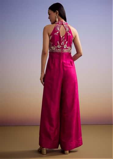 Pink Silk Jumpsuit With Embroidery And V Neckline