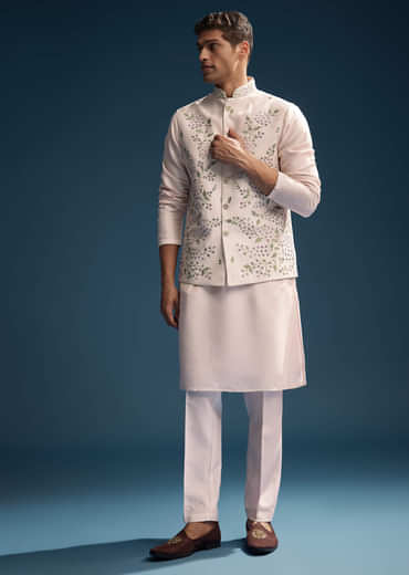 Pink Silk Kurta Jacket Set For Men With Heavy Embroidery