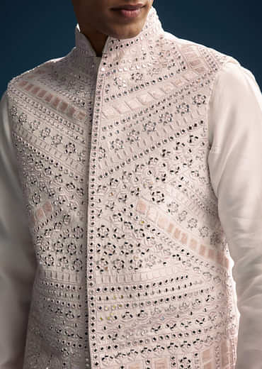 Pink Silk Kurta Jacket Set For Men With Mirror And Patch Work