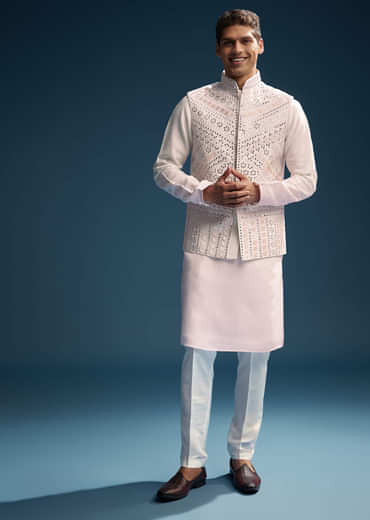 Pink Silk Kurta Jacket Set For Men With Mirror And Patch Work