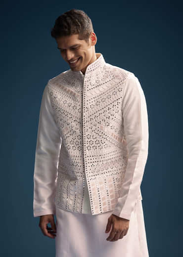 Pink Silk Kurta Jacket Set For Men With Mirror And Patch Work