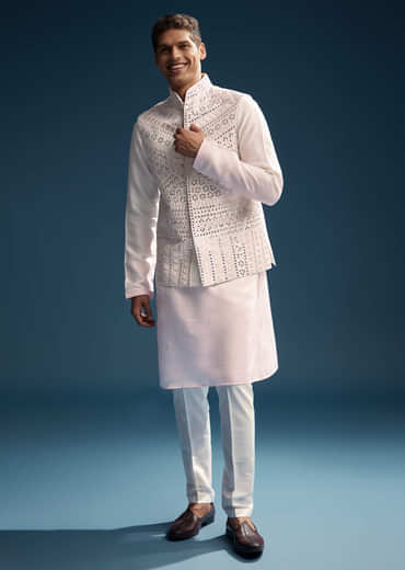 Pink Silk Kurta Jacket Set For Men With Mirror And Patch Work