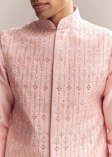 Pink Silk Kurta Jacket Set For Men With Mirror Embroidery