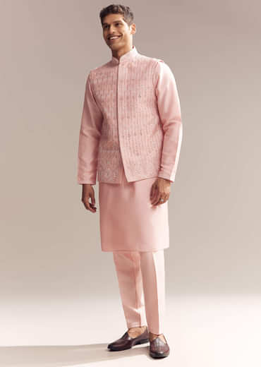 Pink Silk Kurta Jacket Set For Men With Mirror Embroidery
