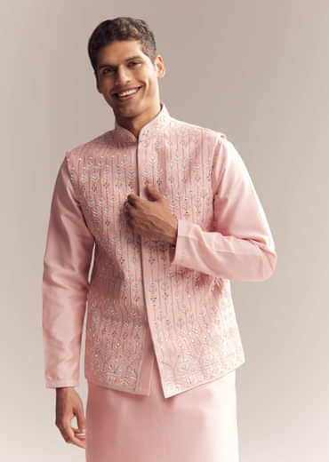 Pink Silk Kurta Jacket Set For Men With Mirror Embroidery