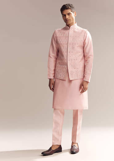Pink Silk Kurta Jacket Set For Men With Mirror Embroidery