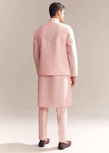 Pink Silk Kurta Jacket Set For Men With Mirror Embroidery