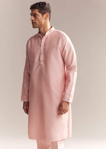 Pink Silk Kurta Jacket Set For Men With Mirror Embroidery