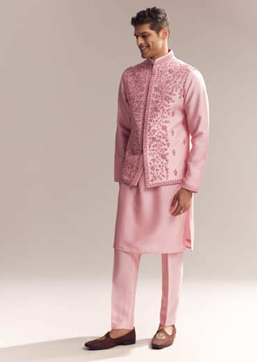Pink Silk Kurta Jacket Set For Men With Moti Embroidery