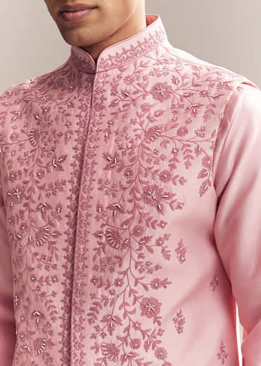 Pink Silk Kurta Jacket Set For Men With Moti Embroidery