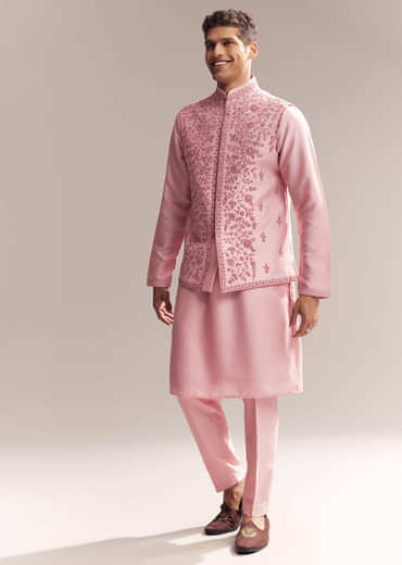 Pink Silk Kurta Jacket Set For Men With Moti Embroidery