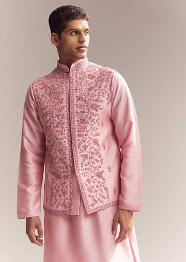 Pink Silk Kurta Jacket Set For Men With Moti Embroidery