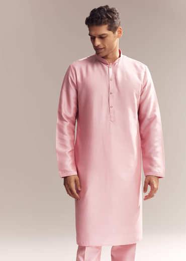 Pink Silk Kurta Jacket Set For Men With Moti Embroidery