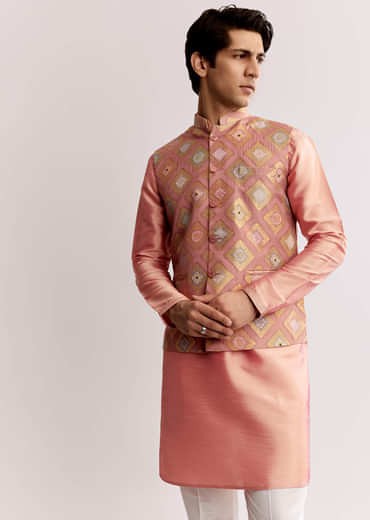 Pink Silk Kurta Jacket Set With Geometric Print