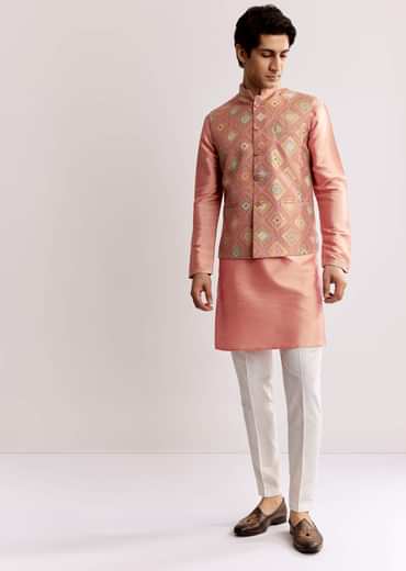 Pink Silk Kurta Jacket Set With Geometric Print