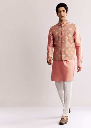 Pink Silk Kurta Jacket Set With Geometric Print