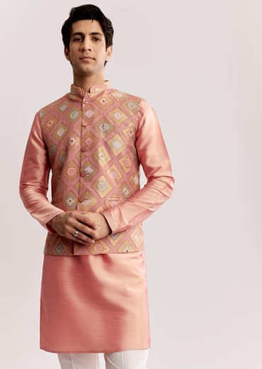Pink Silk Kurta Jacket Set With Geometric Print