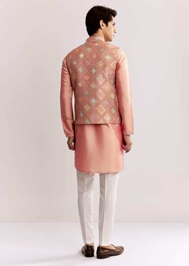 Pink Silk Kurta Jacket Set With Geometric Print