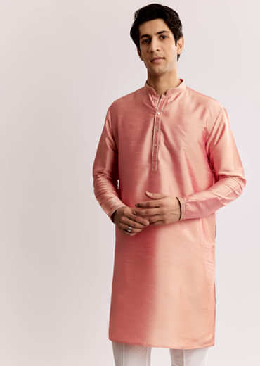 Pink Silk Kurta Jacket Set With Geometric Print