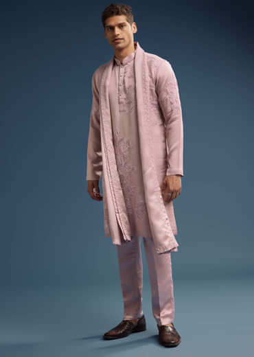 Pink Silk Kurta Set For Men With Hand Done Thread Work