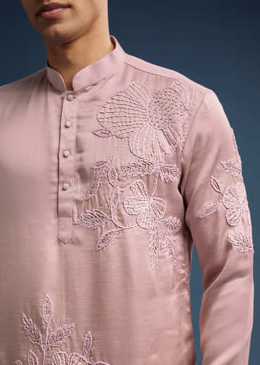 Pink Silk Kurta Set For Men With Hand Done Thread Work