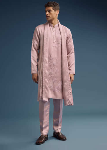 Pink Silk Kurta Set For Men With Hand Done Thread Work