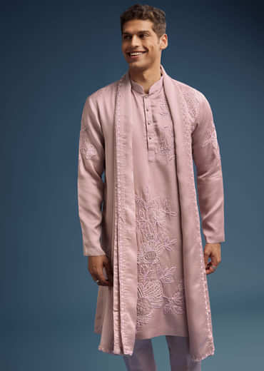 Pink Silk Kurta Set For Men With Hand Done Thread Work