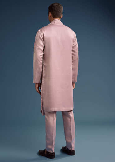 Pink Silk Kurta Set For Men With Hand Done Thread Work