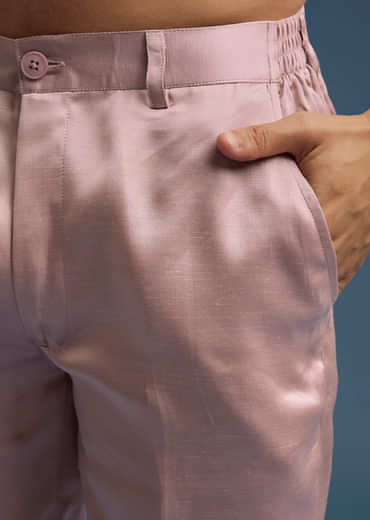 Pink Silk Kurta Set For Men With Hand Done Thread Work